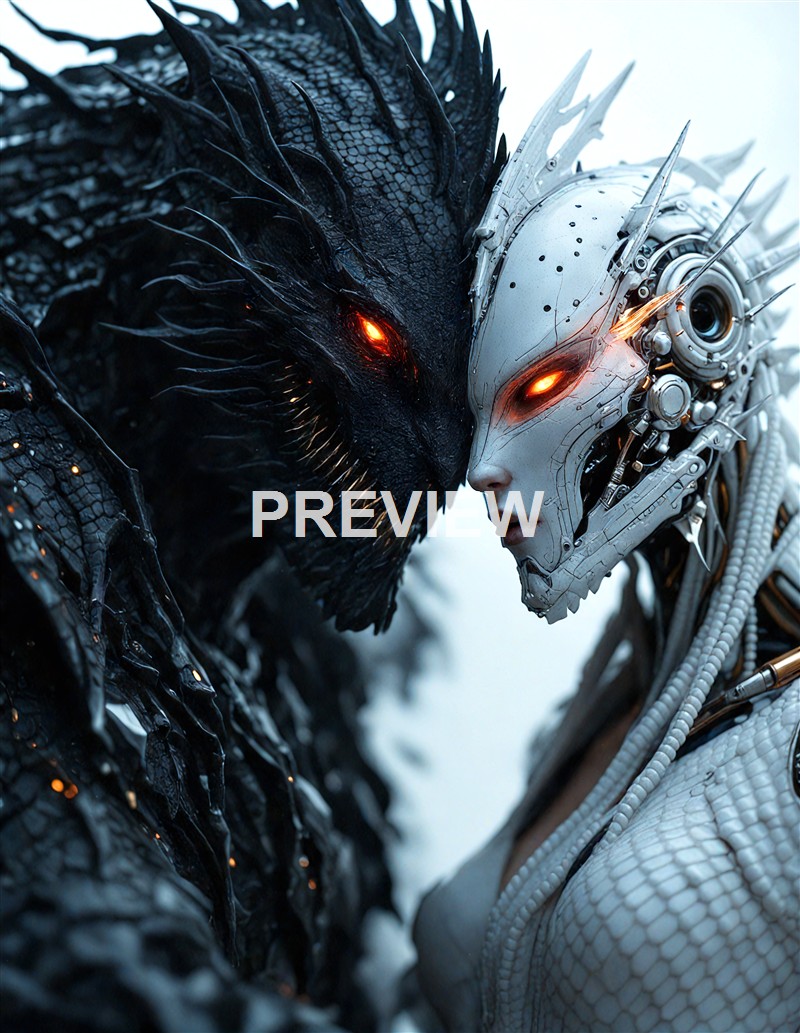 A close-up of a humanoid robot with a white metallic face and glowing orange eyes, facing a large black creature with similarly glowing eyes and a textured, scaly appearance, in a futuristic setting.